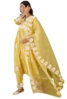 Women's Silk Blend Chain Work Embroidered A Line Kurta with Pant Set For Wedding, Ethnic Wear (Yellow)
