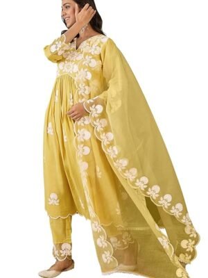 Women's Silk Blend Chain Work Embroidered A Line Kurta with Pant Set For Wedding, Ethnic Wear (Yellow)