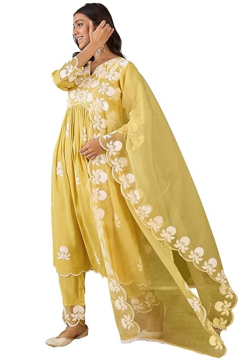 Women's Silk Blend Chain Work Embroidered A Line Kurta with Pant Set For Wedding, Ethnic Wear (Yellow)