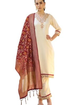 Women's Silk Blend Embroidered Kurta with Pant & Banarasi Silk Dupatta Set