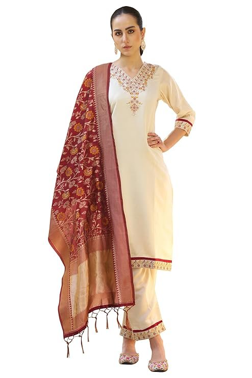 Women's Silk Blend Embroidered Kurta with Pant & Banarasi Silk Dupatta Set
