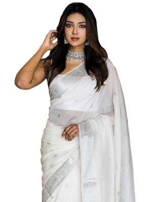 Women's Banarasi Kanchipuram Art Silk Saree for Women – Traditional Wedding & Party Saree with Blouse Piece – Ethnic Indian Silk Saree for Bridal, Festive & Gifting ( White)