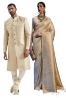 Cream Traditional Indian Wedding Attire Set, Brocade Sherwani (M) and Silk Saree Without Blouse, Ethnic Formal Wear