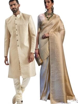 Cream Traditional Indian Wedding Attire Set, Brocade Sherwani (M) and Silk Saree Without Blouse, Ethnic Formal Wear