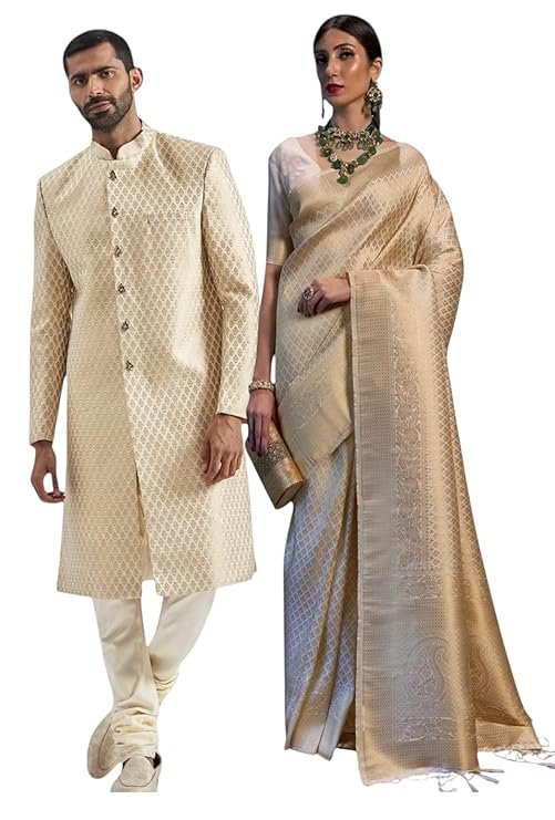 Cream Traditional Indian Wedding Attire Set, Brocade Sherwani (M) and Silk Saree Without Blouse, Ethnic Formal Wear