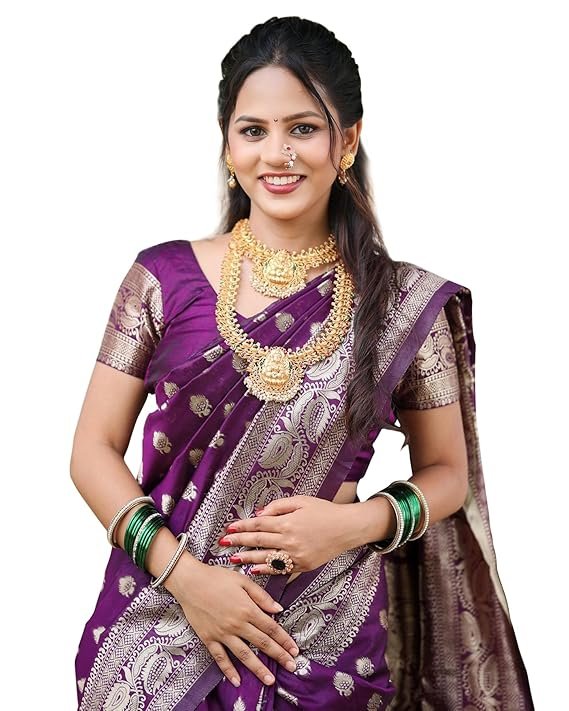 Women's Banarasi Kanchipuram Art Silk Saree for Women – Traditional Wedding & Party Saree with Blouse Piece – Ethnic Indian Silk Saree for Bridal, Festive (Purple)