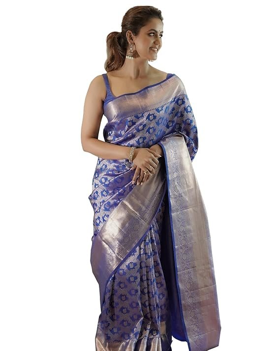 Women's Banarasi Kanchipuram Art Silk Saree for Women – Traditional Wedding & Party Saree with Blouse Piece – Ethnic Indian Silk Saree for Bridal, Festive (Royal Blue)