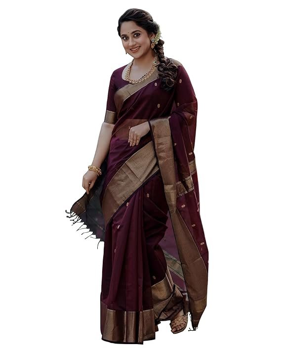 Women's Banarasi Kanchipuram Art Silk Saree for Women – Traditional Wedding & Party Saree with Blouse Piece – Ethnic Indian Silk Saree for Bridal, Festive (WINE COLOUR)