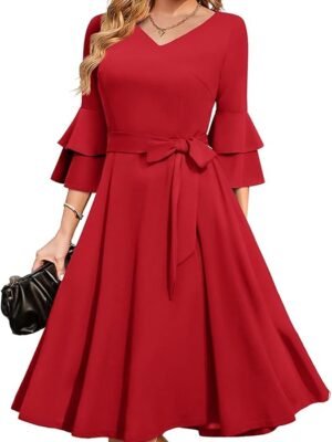 Women's Plus Size 3/4th Bell Sleeves Bridesmaid Dresses (Red)