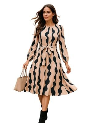 Women's A-Line Midi Dress | Long Sleeve Belted Fit and Flare Gown | Elegant Printed Casual Outfit