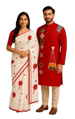 Saaga Clothing by ApDux Couple Set, Traditional Wedding Attire, Material, Saree and Kurta Combo, Festive Occasion Wear White