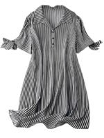 Black Striped Shirt Style Mini Dress for Women | Collared Casual A-Line | Tunic with Tie Sleeves & Front Buttons