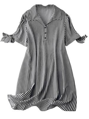 Black Striped Shirt Style Mini Dress for Women | Collared Casual A-Line | Tunic with Tie Sleeves & Front Buttons