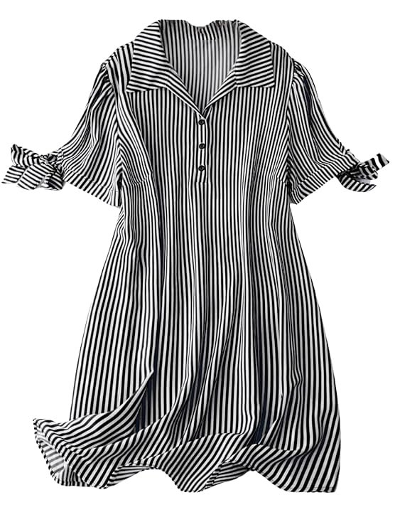 Black Striped Shirt Style Mini Dress for Women | Collared Casual A-Line | Tunic with Tie Sleeves & Front Buttons