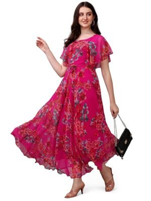 Women's Georgette Floral Digital Print Short Sleeve Full-Length Fit & Flare Long Gown Dress for Girls (ET-CYWN-E1LE)