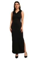 Black Sleeveless Party Dress for Women with Side Slits | Shiny Lycra Cowl Neck Bodycon Maxi Length Outfit