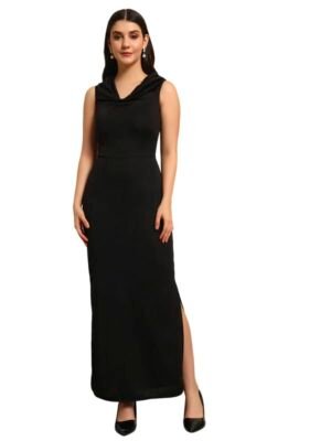 Black Sleeveless Party Dress for Women with Side Slits | Shiny Lycra Cowl Neck Bodycon Maxi Length Outfit