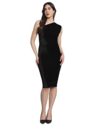 Black One Shoulder Party Dress for Women Bodycon | Shiny Velvet Back Slit Stylish Outfit
