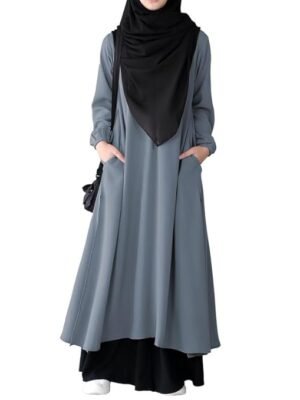Grey Two Pieces Abaya Dress with Elasticated Sleeves made with Nida Matte Fabric - Knee length Burqa for Women and Girls