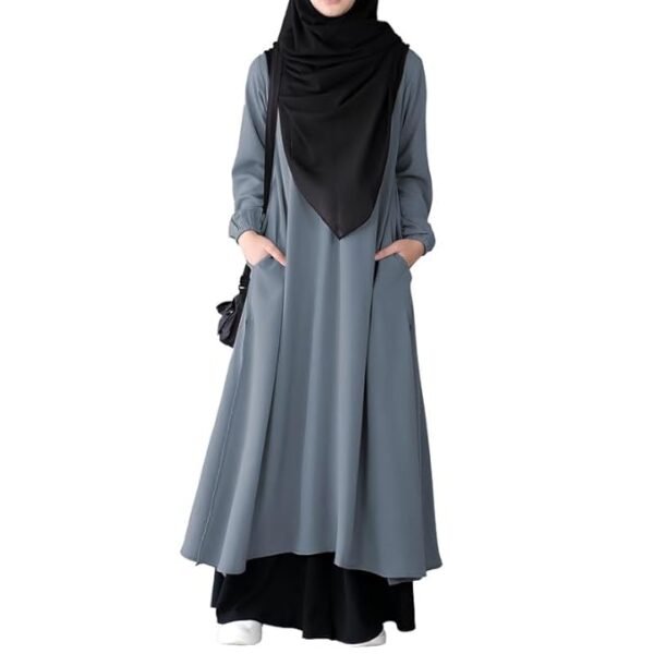 Grey Two Pieces Abaya Dress with Elasticated Sleeves made with Nida Matte Fabric - Knee length Burqa for Women and Girls
