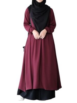 Maroon Two Pieces Abaya Dress with Elasticated Sleeves made with Nida Matte Fabric - Knee length Burqa for Women and Girls