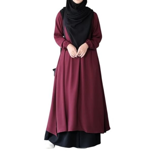 Maroon Two Pieces Abaya Dress with Elasticated Sleeves made with Nida Matte Fabric - Knee length Burqa for Women and Girls