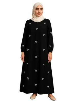 Black Long Abaya Burkha Burqa Dress for Muslims with Bow Pattern, Full Length Maxi, Long Sleeves