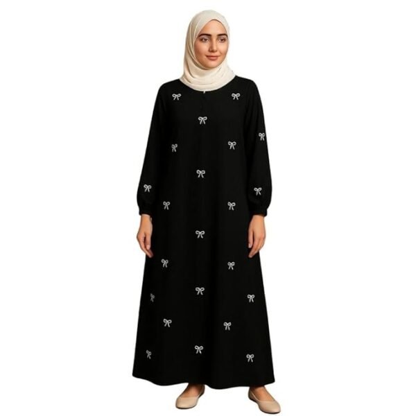 Black Long Abaya Burkha Burqa Dress for Muslims with Bow Pattern, Full Length Maxi, Long Sleeves