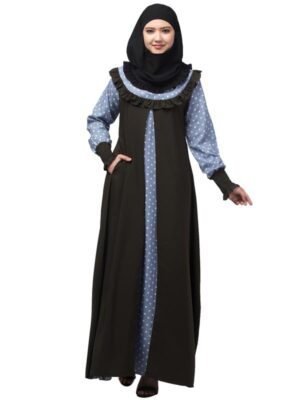 Women's Dual Fabric Maxi Dress With Frill On Front and Elastic Sleeves