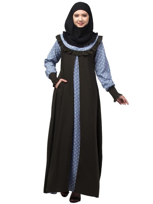 Women's Dual Fabric Maxi Dress With Frill On Front and Elastic Sleeves