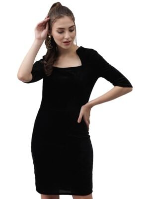 Black One Piece Party Dress for Women Bodycon | Half Sleeves Shiny Velvet Stylish Outfit