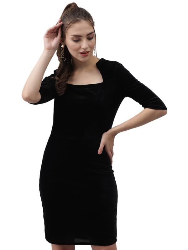 Black One Piece Party Dress for Women Bodycon | Half Sleeves Shiny Velvet Stylish Outfit