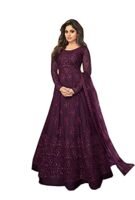Women's Wine Polyester Mono Net Embroidered Semi Stitch Gown