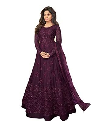 Women's Wine Polyester Mono Net Embroidered Semi Stitch Gown