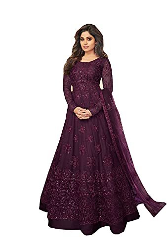 Women's Wine Polyester Mono Net Embroidered Semi Stitch Gown