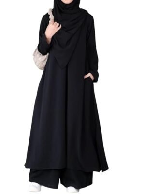 Black Two Pieces Abaya Dress with Zip On Front made with Nida Matte Fabric - Knee length Burqa for Women and Girls
