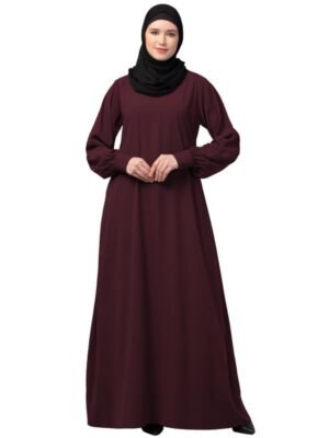 Women's Burgundy Inner Abaya Dress With Cuff Sleeves And Side Pocket Made in Nida Matte Fabric