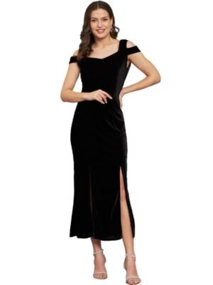 Black Bodycon Party Dress for Women with Double Slit Cut | Shiny Velvet Fabric Cold Shoulder Stylish Outfit