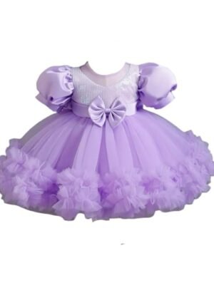 Purple Net Embroidery Work Ruffle Patterned Flared Short Sleeve Girl Frock