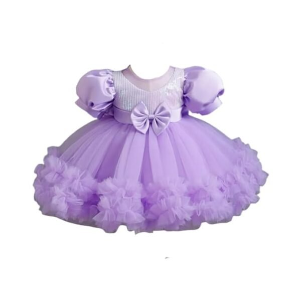 Purple Net Embroidery Work Ruffle Patterned Flared Short Sleeve Girl Frock