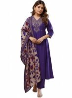 Women Purple Embroidery Straight Kurta and Pant Set with Dupatta