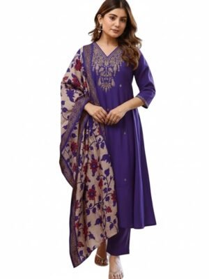Women Purple Embroidery Straight Kurta and Pant Set with Dupatta