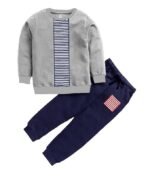 Boys Designer Set 100% Cotton Long Sleeve T shirt Round neck, Contrast Long Pant With Cuff At Bottom