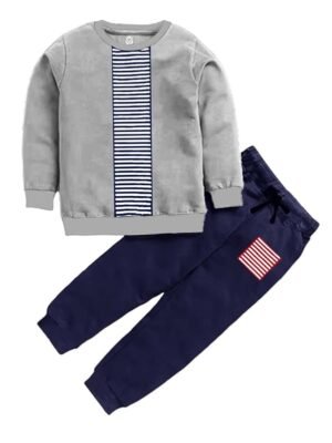 Boys Designer Set 100% Cotton Long Sleeve T shirt Round neck, Contrast Long Pant With Cuff At Bottom