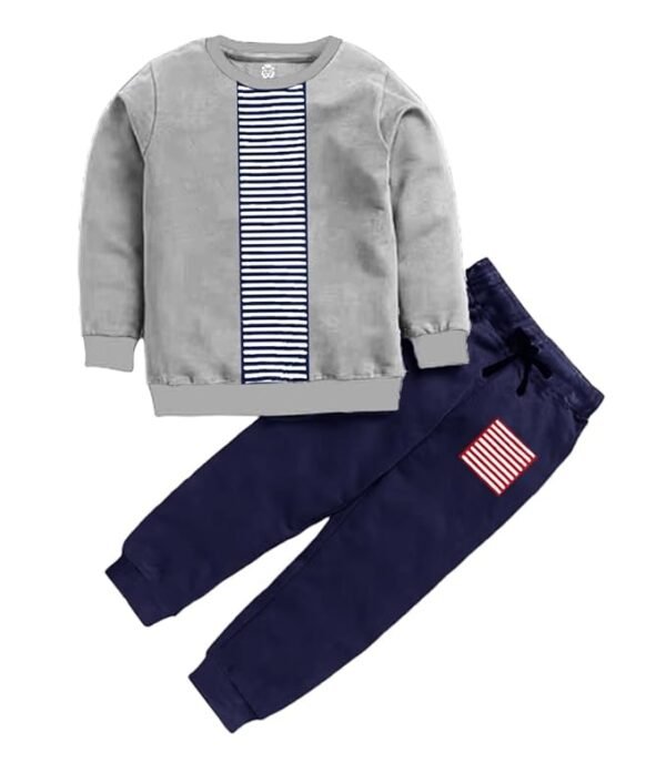 Boys Designer Set 100% Cotton Long Sleeve T shirt Round neck, Contrast Long Pant With Cuff At Bottom