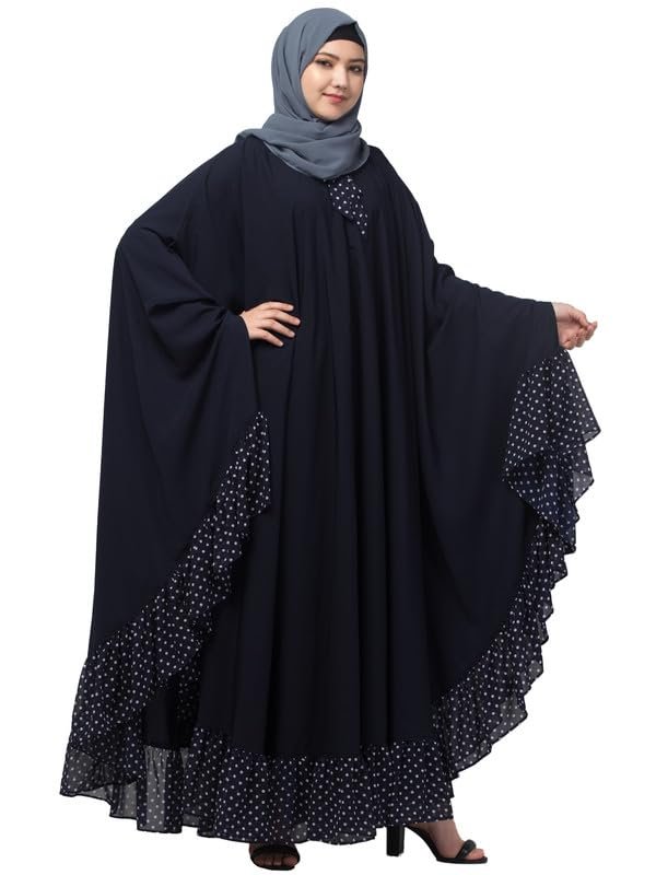 Navy Blue Free Size Neck Belted Kaftan With Dual Fabric Design - Made with Nida Matte for Women