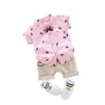 Kid Boy's Hosiery Cotton Blend Printed Cord Set with Mandarin Collar Short Sleeve Shirt and Side Pocket Elastic - Opal