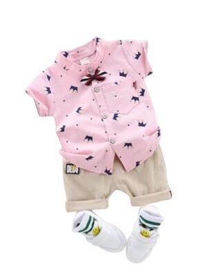 Kid Boy's Hosiery Cotton Blend Printed Cord Set with Mandarin Collar Short Sleeve Shirt and Side Pocket Elastic - Opal