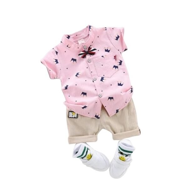 Kid Boy's Hosiery Cotton Blend Printed Cord Set with Mandarin Collar Short Sleeve Shirt and Side Pocket Elastic - Opal