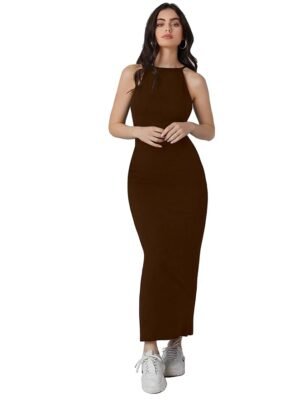 Brown Solid Halter Neck Solid Bodycon Midi Dress for Women
